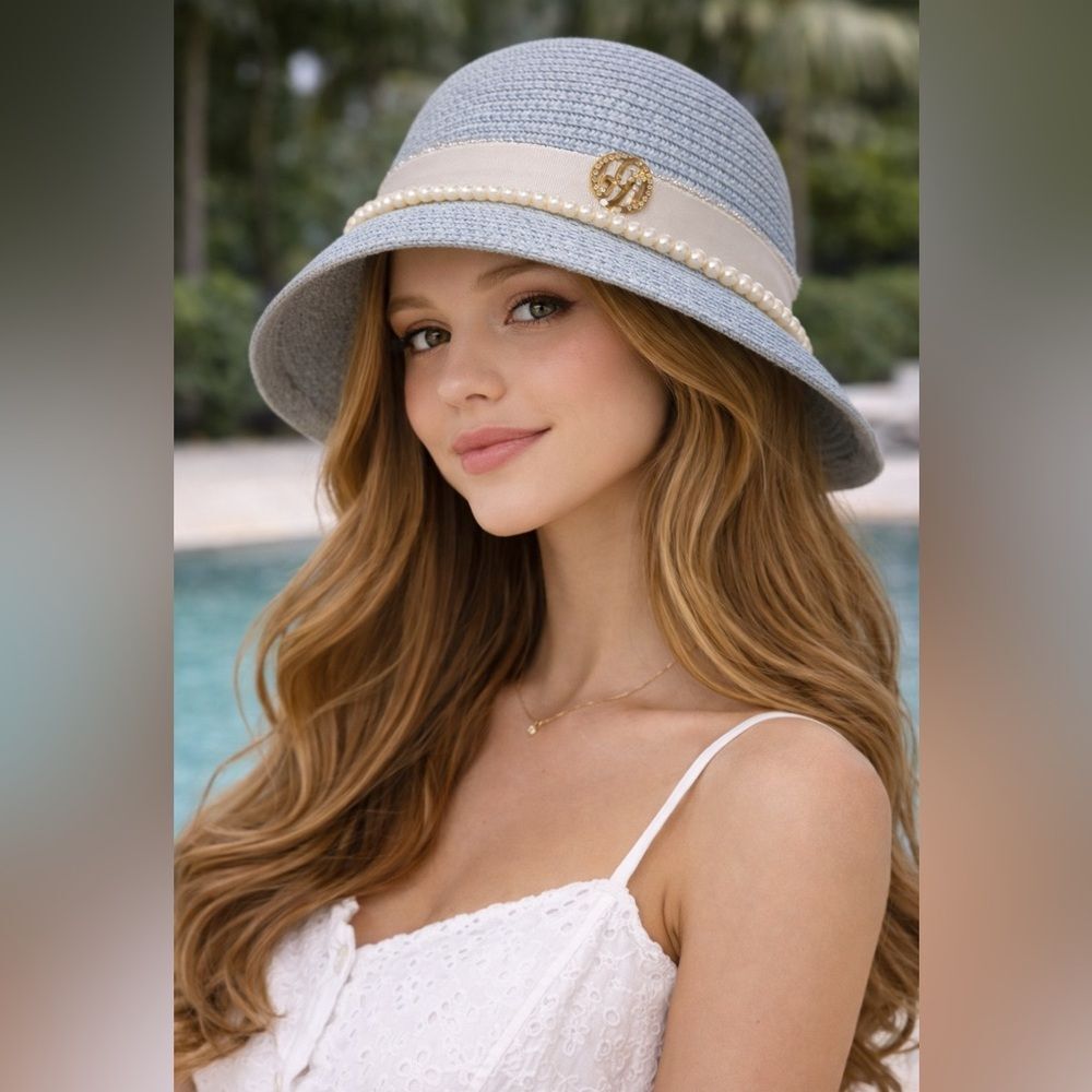 Light Blue Crochet Cloche Hat with Pearl & Ribbon Detail